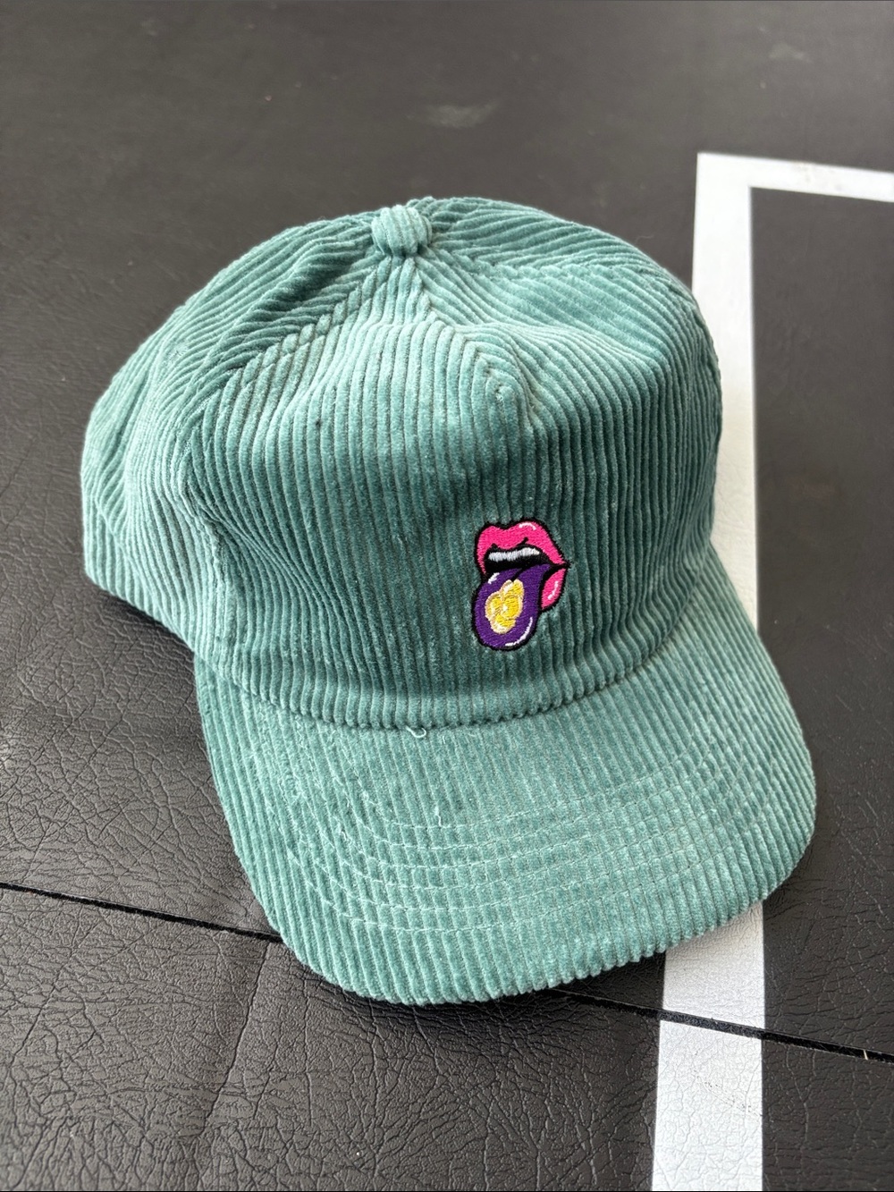 Men Corduroy Cap with Embroidered Tongue Patch - Green